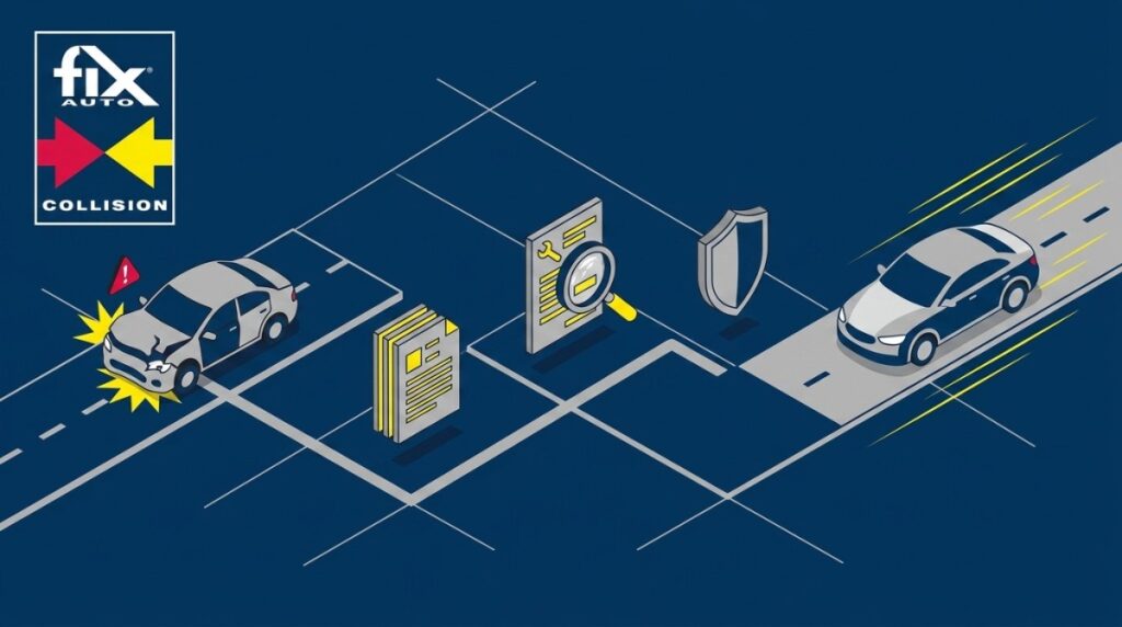 An infographic showing a crashed car, California auto insurance claims documents, a shield, and a repaired car.