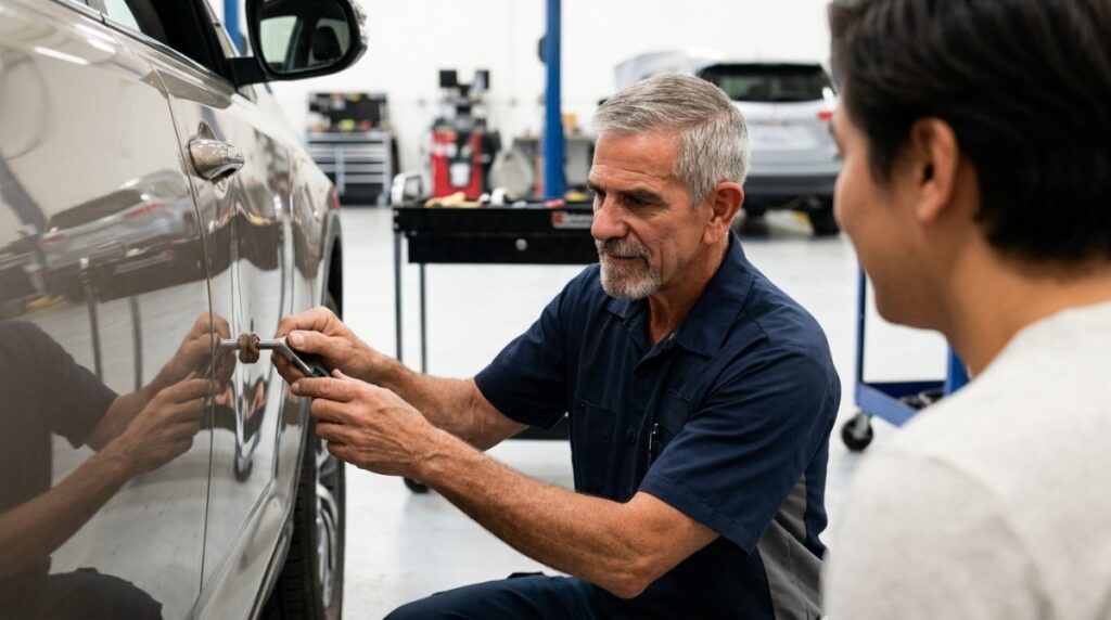 A mechanic uses a tool to fix a dent on a car door, while a customer watches in a garage.