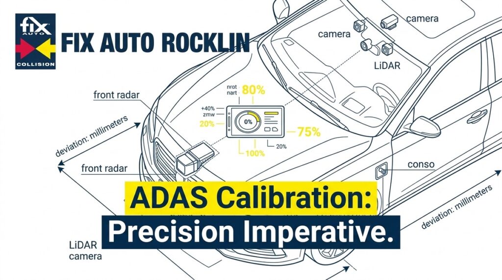 Line drawing of a car showing ADAS sensors: front radar, cameras, and LiDAR. Text: ADAS Calibration: Precision Imperative.