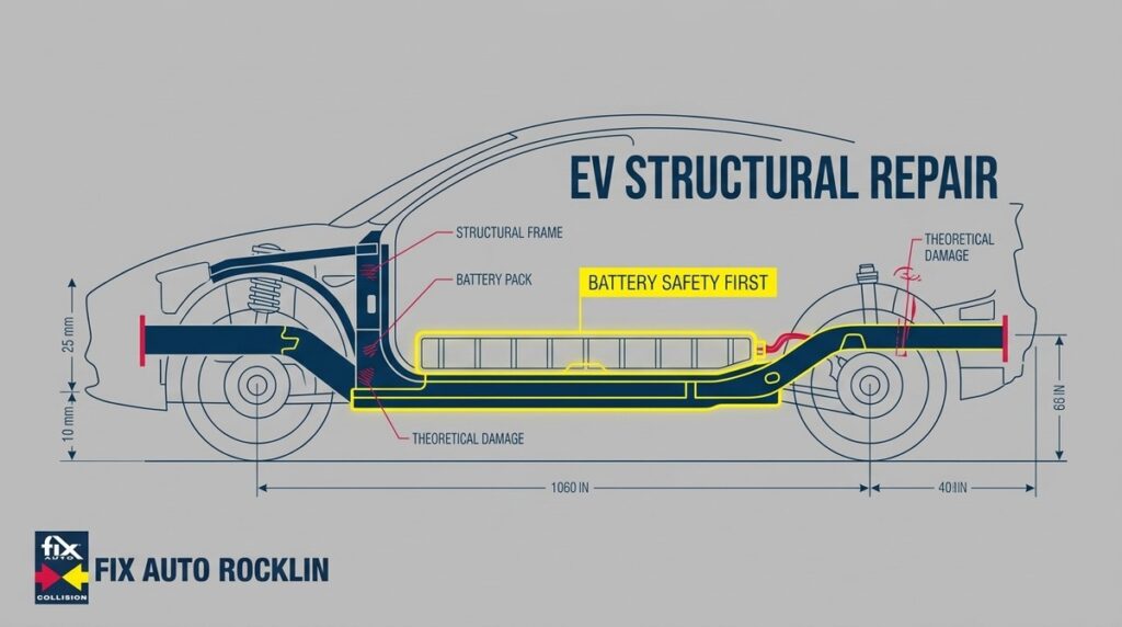 Diagram of an EV structural repair, showing the battery pack, frame, and theoretical damage points.