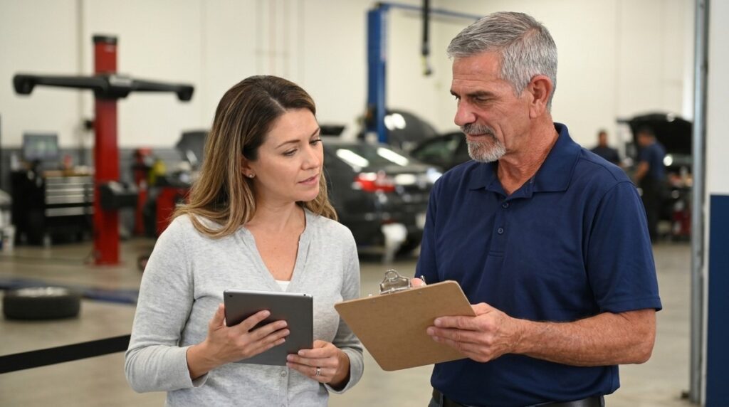 A woman with a tablet and a man with a clipboard discuss post accident safety in an auto shop.