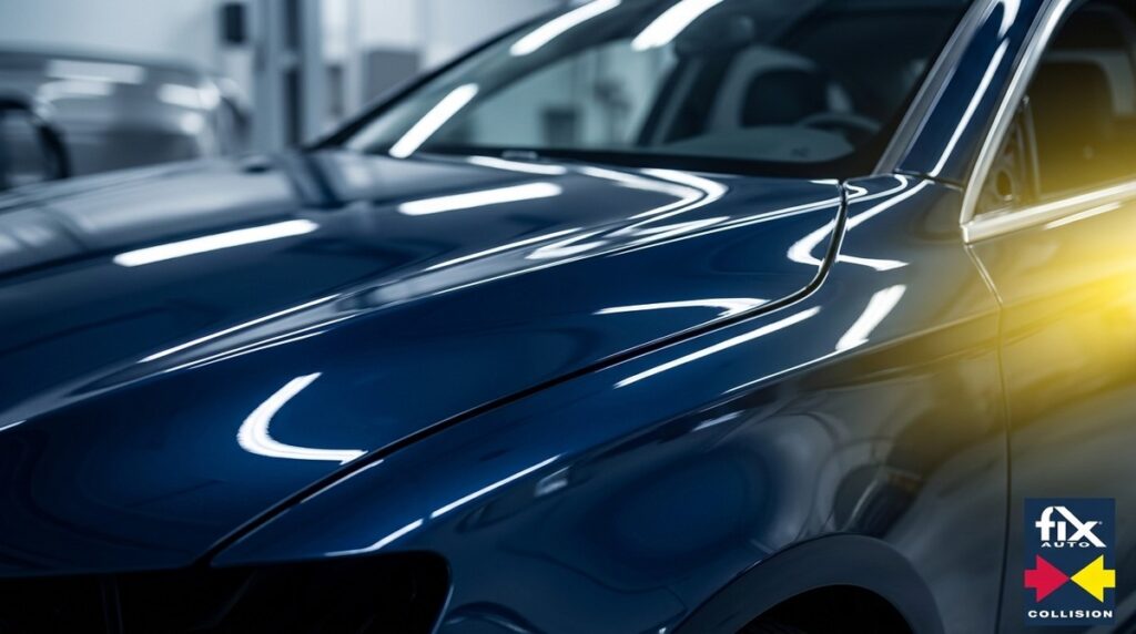 Close-up of a shiny dark blue car in a repair shop, reflecting bright overhead lights.