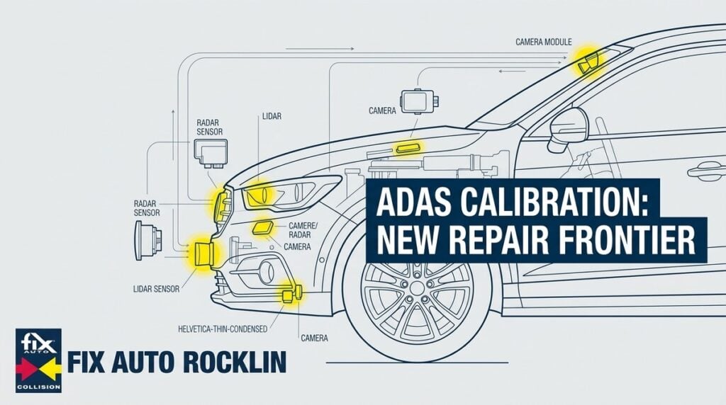 Line drawing of a car with ADAS sensors highlighted in yellow, showing radar, lidar, and cameras.