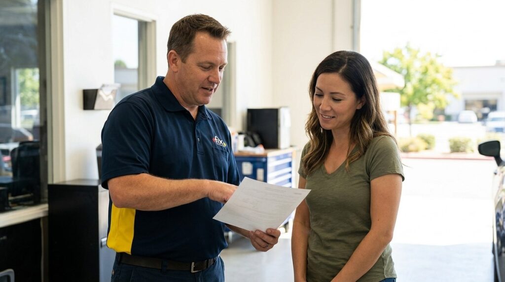 A male mechanic in a blue polo shirt shows a document to a smiling woman in a green shirt.