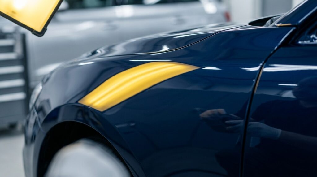 A dark blue car fender with a bright yellow reflection from a light panel, showing a smooth finish.