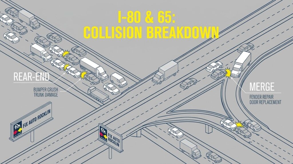 An overhead illustration of highway I-80 & 65 showing commute collision damage from rear-end and merge accidents.