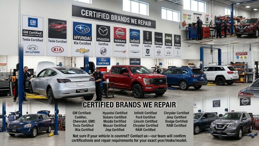 A busy auto body shop with technicians working on various cars, surrounded by OEM certified collision repair brand logos.