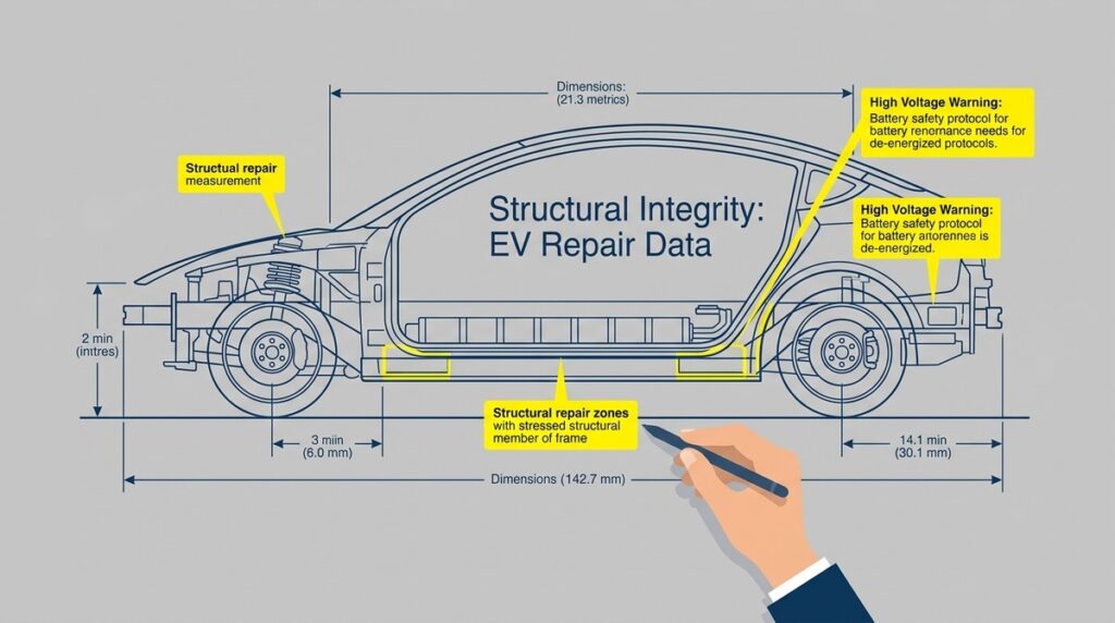 Blueprint of an EV showing structural repair zones, measurements, and high-voltage warnings. Hand holds a pen.